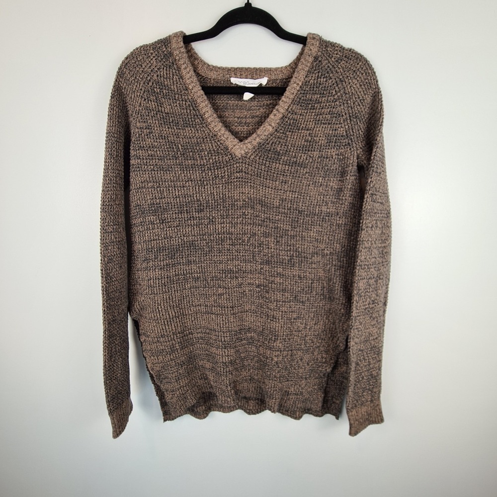 BCBGeneration Women's Sweater Small Brown Gray Pullover Side Slit‎ V-Neck Cotton